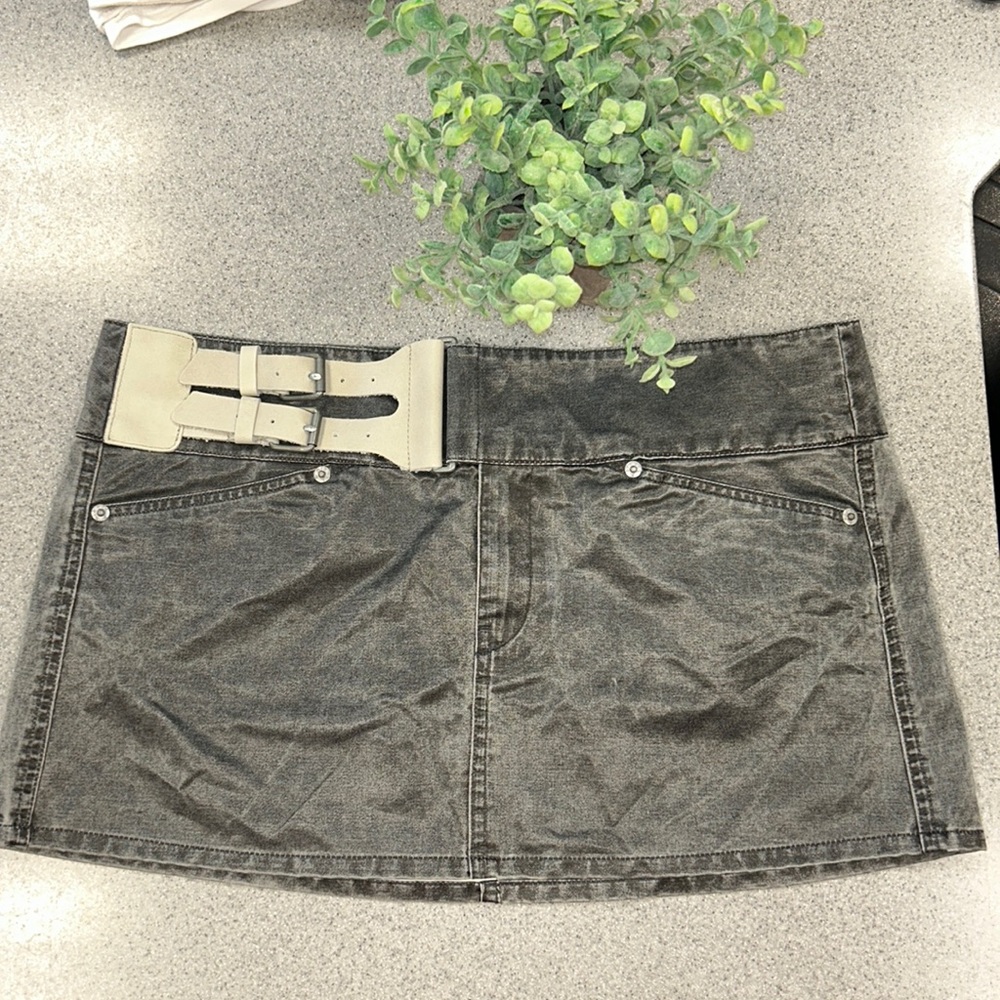 RARE DIESEL sz 29 NWTs gray waxed cotton mini skirt - double buckle closure Y2K